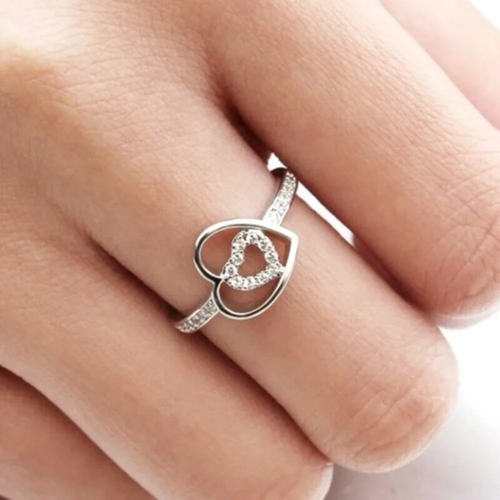 Lovely 925 Silver Sim. Diamond 2 Hearts Ring